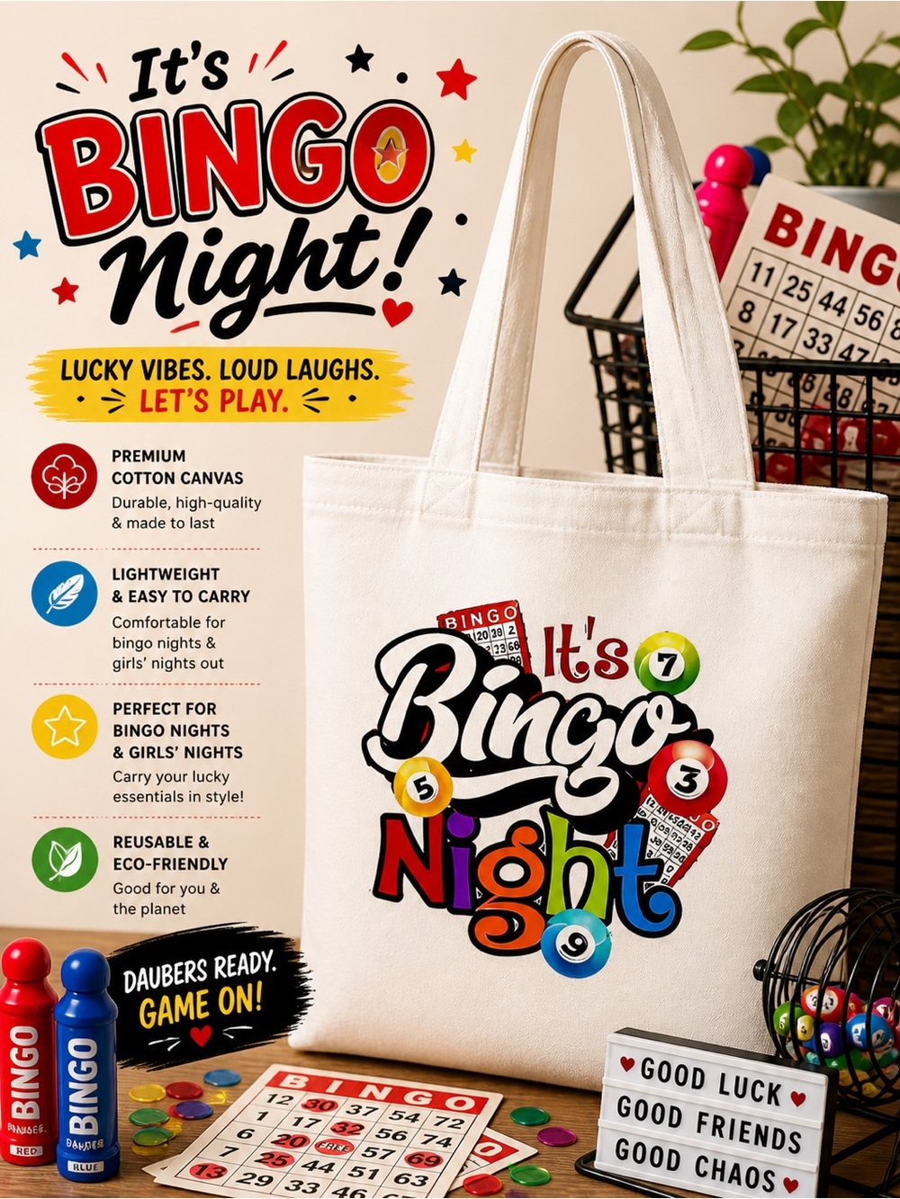 Handmade Canvas Tote Bag with Bingo Night Graphic - White
